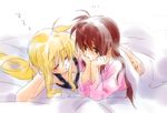  ahoge arm_support bed blonde_hair breasts cleavage closed_eyes fate_testarossa hug long_hair lying lyrical_nanoha mahou_shoujo_lyrical_nanoha_strikers medium_breasts multiple_girls non-web_source on_stomach pajamas red_hair sleeping takamachi_nanoha tokoharu under_covers yuri 