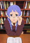  absurdres adjusting_eyewear artist_request bangs blue_hair blunt_bangs book braid glasses highres kannagi library nagi necktie official_art purple_eyes solo twin_braids 