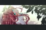  :o aqua_eyes blurry depth_of_field from_above leaning_back letterboxed long_hair looking_at_viewer looking_up lulu_(shoutarou) original red_hair ribbon shade shaft_look solo tokunou_shoutarou tree_shade 