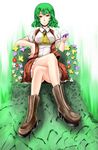  alcohol ascot bad_id bad_pixiv_id boots breasts cross-laced_footwear crossed_legs cup cupping_glass drinking_glass flower glass green_hair highres kazami_yuuka lace-up_boots large_breasts plaid plaid_skirt plaid_vest r0g0b0 red_eyes short_hair sitting skirt skirt_set smile smirk solo throne touhou vest wine wine_glass 
