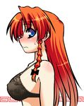  blue_eyes blush bra braid breasts covered_nipples hong_meiling lace lace-trimmed_bra large_breasts lingerie long_hair profile red_hair simple_background solo sweatdrop takadoya touhou twin_braids underwear 