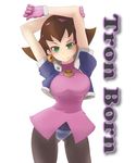  arms_up brown_hair codpiece cropped_jacket crotch_plate earrings engrish fakon gloves green_eyes hair_pulled_back hairband jewelry pantyhose pink_hairband ranguage rockman rockman_dash smile solo tron_bonne typo 