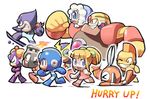  &gt;_&lt; 6+boys :d android arm_cannon armor bodysuit bomberman_(rockman) chibi creature cutman elecman everyone fireman full_body gutsman iceman kin_niku looking_at_viewer multiple_boys oilman open_mouth ponytail red_skirt robot rockman rockman_(character) rockman_(classic) roll simple_background skirt smile timeman weapon white_background wince 