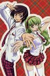  1girl absurdres black_hair c.c. code_geass green_hair hairband hands headband highres kimura_takahiro lelouch_lamperouge long_hair looking_at_viewer navel necktie official_art outline pants plaid plaid_background plaid_neckwear plaid_pants plaid_skirt purple_eyes school_uniform shirt skirt sleeveless sleeveless_shirt star thighhighs twintails very_long_hair white_legwear yellow_eyes zettai_ryouiki 