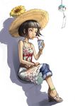  anklet black_hair bracelet denim dress drinking flower hat hibakari jeans jewelry original pants red_eyes shadow short_hair sitting solo straw_hat sunflower wind_chime 