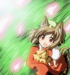  animal_ears brown_hair cat_ears cat_tail chen cherry_blossoms dress earrings fang field foreshortening from_above glowing grass hat jewelry multiple_tails open_mouth petals red_eyes smile solo suna_(sunaipu) tail touhou wind 