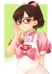  adjusting_eyewear bow brown_eyes brown_hair carrot cherry copyright_request food food_themed_clothes fruit glasses hair_bow inou_shin orange ponytail red-framed_eyewear solo 