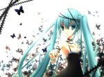  aqua_hair aqua_nails black_dress breasts bug butterfly cleavage dress hatsune_miku insect long_hair medium_breasts nail_polish sen_hitoha solo twintails vocaloid 