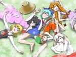  animal_ears bad_id bad_pixiv_id barefoot black_hair blonde_hair blue_eyes blue_hair brown_hair bunny_ears cat_ears cat_tail chain chen cirno detached_sleeves eyes feet hair_ribbon hat highres horns ibuki_suika inaba_tewi inubashiri_momiji koibumi long_hair lying moriya_suwako multiple_girls multiple_tails on_back on_side on_stomach ribbon rumia short_hair silver_hair sleeping tail tokin_hat touhou wolf_ears 