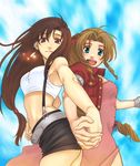  aerith_gainsborough akaza_shiro back-to-back bad_id bad_pixiv_id belt black_hair blonde_hair bow brown_eyes brown_hair dress earrings final_fantasy final_fantasy_vii green_eyes hair_ribbon holding_hands jewelry lion_(macross_frontier) long_hair low-tied_long_hair macross macross_frontier midriff multiple_girls parody pencil_skirt pink_bow pink_dress ponytail ribbon shirt skirt smile suspender_skirt suspenders taut_clothes taut_shirt tifa_lockhart 