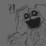 1:1 2024 ?! anthro canid canine canis critters_(poppy_playtime) dogday_(poppy_playtime) domestic_dog hi_res male mammal marinaneko monochrome open_mouth poppy_playtime shocked_expression simple_background smiling_critters solo