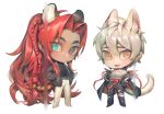 ambiguous_gender animal_humanoid blue_eyes bottomwear braided_hair brown_eyes cat_humanoid chenyao4444444 chibi clothed clothing dante_(nu:_carnival) duo eiden_(nu:_carnival) felid felid_humanoid feline feline_humanoid flesh_fang fully_clothed hair heterochromia hi_res humanoid humanoidized jacket male_(lore) mammal mammal_humanoid markings nu:_carnival pantherine pantherine_humanoid pants ponytail red_hair shirt smile striped_markings striped_tail stripes tail tail_markings tiger_humanoid topwear torn_bottomwear torn_clothing torn_pants white_hair