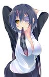  arms_behind_back arms_up bad_id bad_pixiv_id breasts eyepatch haruta_(806060) kantai_collection large_breasts necktie necktie_on_mouth sleeves_rolled_up solo tenryuu_(kantai_collection) unbuttoned yellow_eyes 