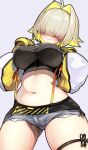  1girl :3 ass_visible_through_thighs belly_grab black_sports_bra blonde_hair breasts cable clothing_cutout covered_nipples crop_top crop_top_overhang cutoffs elegg_(nikke) exposed_pocket fang fanny_pack gloves goddess_of_victory:_nikke grey_shorts hair_intakes hair_over_eyes hands_on_own_shoulders highres kajimakoto large_breasts long_bangs multicolored_clothes multicolored_gloves multicolored_hair navel plump projected_inset shorts shoulder_cutout simple_background skindentation solo sports_bra suspender_shorts suspenders thigh_strap two-tone_hair underboob x_x zipper_pull_tab 