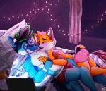 absurd_res anthro bed blue_body blue_fur blush boyfriends bulge butt canid canine canis chilling clothed clothing domestic_cat duo embrace enjoying felid feline felis fur furniture grab_handle hi_res hug inside katxfish katxlogan kiss_on_lips kissing lights love lying male male/male mammal night on_back on_front orange_body orange_fur pringles_can relaxing underwear underwear_only watching_movie window wolf yellow_body yellow_fur