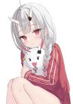  1girl bad_id bad_pixiv_id blush braid closed_mouth gradient_hair grey_hair highres hololive horns jacket karma_(nakiri_ayame) long_hair looking_at_viewer multicolored_hair nakiri_ayame nakiri_ayame_(7th_costume) official_alternate_costume oni red_eyes red_hair red_jacket skin-covered_horns smile streaked_hair tamamorh track_jacket twin_braids virtual_youtuber white_background 