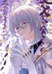  1boy ascot blue_shirt cael_anselm closed_mouth cowlick falling_petals flower frilled_shirt_collar frills hair_between_eyes highres jacket light_smile long_bangs long_hair looking_at_viewer lovebrush_chronicles male_focus own_hands_together petals purple_eyes purple_flower shirt solo steinskinoko upper_body white_ascot white_background white_hair white_jacket wisteria 