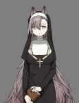  1girl animal_ears arknights black_dress black_nails breasts brown_eyes brown_hair closed_mouth commentary cross dress ears_through_headwear grey_background habit hair_between_eyes highres latin_cross long_hair long_sleeves looking_at_viewer medium_breasts mole_above_eye nail_polish nun penance_(arknights) simple_background sleeves_past_wrists solo veil very_long_hair wqn0930 