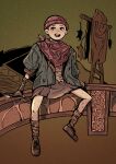  1girl absurdres beanie buzz_cut clara_(pathologic) cloak fingerless_gloves full_body gloves hat highres littlemushroomboi mouse orange_hair pathologic pathologic_2 scarecrow short_hair sitting skirt smile solo torn_clothes very_short_hair 