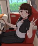  1girl afrobull blush braid breasts brown_hair car collar commentary crop_top crown_braid driving english_commentary highres looking_at_viewer medium_breasts motor_vehicle niijima_makoto persona persona_5 red_eyes short_hair smile v 