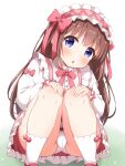  1girl blue_eyes blush brown_hair cameltoe hairband hands_on_own_knees head_tilt highres lolita_fashion lolita_hairband long_hair looking_at_viewer mikan-ya open_mouth original panties pantyshot ribbon socks solo squatting sweet_lolita underwear 