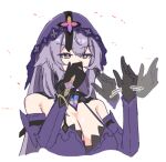  1girl bare_shoulders black_gloves black_swan_(honkai:_star_rail) breasts cleavage commentary_request dress elbow_gloves gloves grey_eyes hands_up honkai:_star_rail honkai_(series) large_breasts long_hair lowres metameta_gross purple_dress purple_hair sleeveless sleeveless_dress solo upper_body veil very_long_hair 