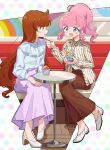  2girls :d absurdres ahoge anisakisu blue_eyes blue_shirt blush brown_hair brown_shirt brown_skirt commentary_request couch feeding food full_body high_ponytail highres holding holding_food holding_ice_cream holding_spoon ice_cream ice_cream_cup kiratto_pri_chan long_hair long_skirt long_sleeves looking_at_another momoyama_mirai multiple_girls nijinosaki_dia on_couch open_mouth pink_hair pretty_series profile purple_eyes purple_skirt shirt shoes sidelocks sitting skirt smile spoon table very_long_hair white_footwear yuri 