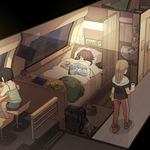  backpack bag bare_shoulders bed black_hair blanket brown_hair camera camisole can closed_eyes cup earphones earphones_removed itou_(mogura) lamp long_hair monitor multiple_girls original shoes short_hair shorts sink sitting sleeping slippers sneakers tablet_pc window 