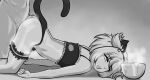  2boys :o absurdres ahegao aldharoku anal animal_ears ansatsu_kyoushitsu bowl cat_ears cat_tail clothing_aside fake_animal_ears fake_tail from_side gradient_background greyscale highres monochrome multiple_boys navel open_mouth panties panties_aside sex sex_from_behind shiota_nagisa tail top-down_bottom-up underwear yaoi 