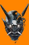  black_horns black_mask broken_mask chun_lo demon_horns glowing glowing_eyes highres horns looking_at_viewer mask no_humans oni_mask pointy_ears sharp_teeth simple_background teeth white_eyes yellow_background 