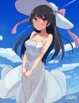  alternate_costume bad_id bad_pixiv_id black_hair blush brown_eyes choukai_(kantai_collection) cloud day dress glasses hat kantai_collection long_hair senbei_(senbe_i) sky smile solo sun_hat sundress 