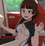  1boy 1girl afrobull blush braid breasts brown_hair car commentary crop_top crown_braid driving english_commentary grabbing grabbing_another&#039;s_breast groping hand_up hetero looking_at_viewer medium_breasts motor_vehicle niijima_makoto open_mouth persona persona_5 red_eyes short_hair smile solo_focus sweat 