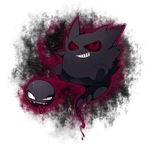  floating full_body gastly gen_1_pokemon gengar grin looking_at_viewer no_humans pokemon pokemon_(creature) red_sclera smile teeth tongue tongue_out two-tone_background white_background yamipika 