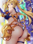  1girl ass bangs bare_shoulders blonde_hair blue_eyes blush bradamante_(fate/grand_order) braid breasts closed_mouth elbow_gloves fate/grand_order fate_(series) french_braid gloves hair_between_eyes hands_up highres huge_ass leotard long_hair looking_at_viewer medium_breasts piukute062 sidelocks signature skindentation smile solo thigh_strap thighs twintails very_long_hair 