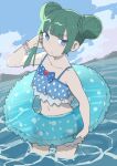  1girl bad_id bad_twitter_id bare_shoulders bikini blue_bikini blue_bow blue_eyes blue_nails blue_sky blunt_bangs bow bracelet braid braided_bangs cloud commentary_request cowboy_shot day double_bun green_hair hair_bun hand_up highres holding holding_swim_ring innertube jewelry kemura_(puripurinea) long_hair looking_at_viewer nail_polish navel ocean open_mouth outdoors polka_dot polka_dot_bikini pretty_series pripara sky solo standing swim_ring swimsuit tsukikawa_chili wading water 