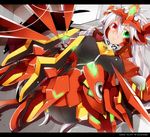  alpha-01 blazblue bodysuit forehead_jewel forehead_protector genderswap genderswap_(mtf) green_eyes heterochromia long_hair mecha_musume ragna_the_bloodedge red_eyes silver_hair uzukinoko 