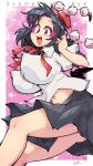  1girl bird_wings black_hair black_wings blush breasts carte covered_nipples hat huge_breasts looking_at_viewer midriff navel open_mouth pointy_ears pom_pom_(clothes) red_eyes red_headwear ribbon shameimaru_aya shirt short_hair short_sleeves skirt smile solo tokin_hat touhou wings 