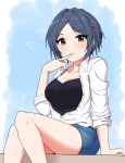  1girl arm_support bare_legs black_camisole blue_hair blush breasts camisole cleavage collarbone denim denim_shorts feet_out_of_frame finger_to_mouth hayami_kanade heart highres idolmaster idolmaster_cinderella_girls knees_together_feet_apart looking_at_viewer medium_breasts nichijo partially_unbuttoned shirt short_hair shorts sitting solo white_shirt 