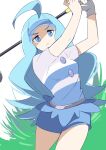  1girl 34_(sanjushi) ahoge blue_eyes blue_hair blue_headwear blue_skirt breasts buttons collared_shirt flipped_hair golf_club highres holding holding_golf_club kahili_(pokemon) light_blue_hair long_hair medium_breasts pencil_skirt pokemon pokemon_sm shirt short_sleeves skirt solo striped_clothes striped_shirt visor_cap 