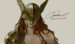  1girl armor covered_eyes elden_ring gold_armor gravitydusty helmet helmet_over_eyes highres malenia_blade_of_miquella mechanical_arms off_shoulder prosthesis prosthetic_arm red_hair single_mechanical_arm solo winged_helmet 