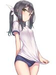  1girl black_hair blush breasts buruma embarrassed fate/kaleid_liner_prisma_illya fate_(series) gym_uniform hair_ornament looking_at_viewer miyu_edelfelt ryuinu shirt short_sleeves small_breasts solo t-shirt twintails x_hair_ornament yellow_eyes 