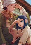  1boy 1girl asirpa blue_eyes blue_hair blurry blurry_background brown_eyes brown_hair closed_mouth earrings golden_kamuy hat highres hoop_earrings jewelry long_sleeves looking_ahead mgmgmg_aw8nf one_eye_closed open_mouth scarf short_hair sugimoto_saichi white_headwear wide_sleeves yellow_scarf 