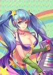  arcade_sona arm_warmers bi_ge_xing blue_eyes breasts cleavage controller earrings jewelry joystick large_breasts league_of_legends midriff necklace smile solo sona_buvelle strap_gap twintails 