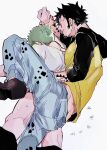  2boys anal arm_tattoo back bara black_hair bottomless clothed_sex couple earrings facial_hair feet_out_of_frame goatee green_hair highres jewelry long_sideburns male_focus multiple_boys one_piece roronoa_zoro sex sex_from_behind short_hair sideburns smile sweat tattoo trafalgar_law yaoi yuyu_(kssm_pero) 