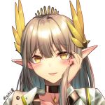  1girl arknights artist_name black_choker blush choker collarbone commentary_request ear_blush elf grey_hair hand_on_own_cheek hand_on_own_face highres laurel_crown long_hair looking_at_viewer mole mole_under_eye muelsyse_(arknights) parted_lips pointy_ears portrait simple_background solo upper_body white_background yamauchi_(conan-comy) yellow_eyes 