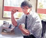  1boy arm_rest black_necktie black_pants bowl chair chocolate chopsticks collared_shirt fate/grand_order fate_(series) food formal grey_hair hand_on_table hand_rest highres holding holding_chocolate holding_food indoors necktie orange_eyes pants saitou_hajime_(fate) shirt sitting sleeves_rolled_up solo spoon table tray uni_(nico02) white_shirt 