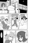  blush building comic crescent_moon fang futon greyscale hair_bun highres ibaraki_kasen indosou miyako_yoshika monochrome moon multiple_girls ofuda outstretched_arms pajamas partially_translated touhou translation_request zombie_pose 