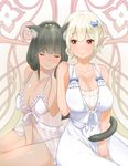  animal_ears babydoll black_hair blonde_hair blush bow breasts cat_ears cat_tail cleavage closed_eyes dark_skin hair_bow holding_hands lace lace_panties large_breasts light_smile long_hair multiple_girls navel nightgown original panties pointy_ears red_eyes revision short_hair simple_background sitting smile string_panties tail underwear white_background white_panties yaman 