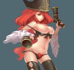  bi_ge_xing breasts gun hat highres large_breasts league_of_legends long_hair looking_at_viewer nipples pirate pirate_hat red_eyes red_hair sarah_fortune solo thighhighs weapon 