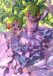  2girls :d absurdres anisakisu bare_shoulders breasts colored_eyelashes commentary_request dress dual_persona elbow_gloves falulu falulu_(awakened) floating_hair floral_print forehead_jewel gloves green_hair grey_eyes headphones highres light_particles long_hair looking_at_another multiple_girls open_mouth parted_bangs pretty_series pripara sidelocks small_breasts smile strapless strapless_dress twintails very_long_hair white_dress white_gloves 
